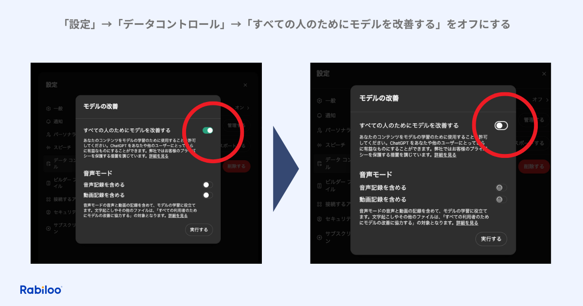 ChatGPTの「設定」→「データコントロール」→「すべての人のためにモデルを改善する」をオフにすると、セキュリティが向上する可能性があります。