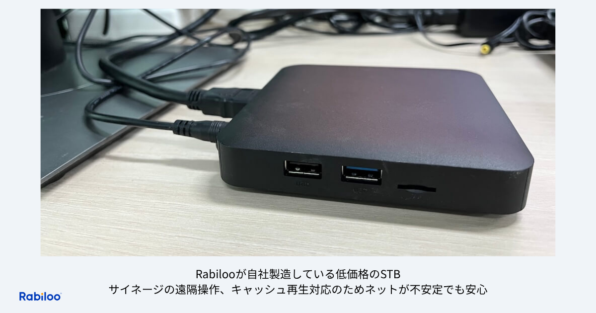 Rabilooが自社製造している低価格のSTB。サイネージの遠隔操作、キャッシュ再生対応のためネットが不安定でも安心