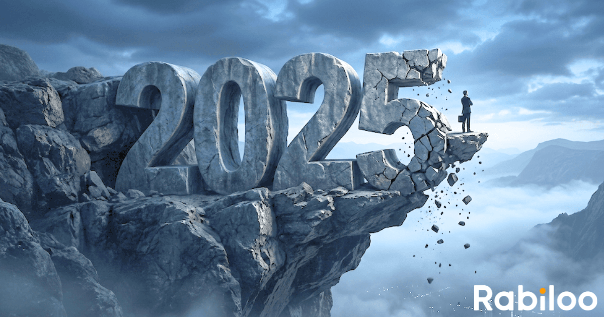 2025年の崖をイメージした断崖絶壁と「2025」の数字、DX課題を象徴するビジネスシーン