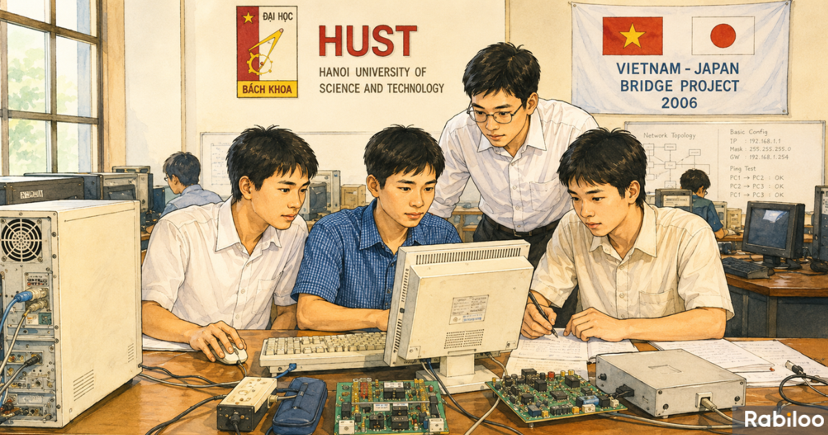 ハノイ工科大学（HUST）の教室で、古いデスクトップPCを囲んで熱心に議論するベトナム人学生たちのイラスト。背景の壁には「HUST」のロゴと「VIETNAM - JAPAN BRIDGE PROJECT 2006」の文字、ベトナムと日本の国旗が描かれている。日本のODA支援によって始まったエリート育成プログラムHEDSPIの黎明期の象徴的なシーン。
