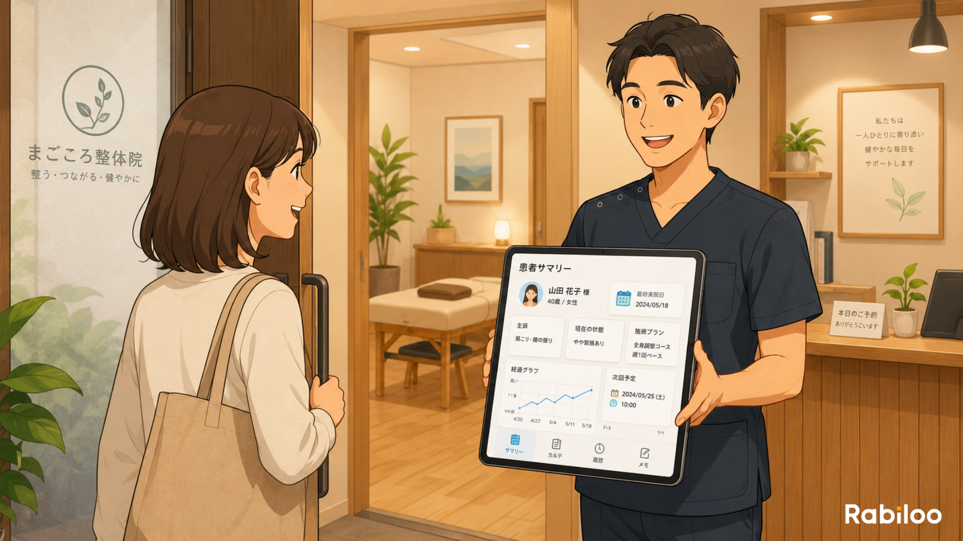 AIが事前にまとめた患者情報のサマリーをタブレットで確認し、準備が完了した状態で患者を笑顔で迎える施術者のイラスト