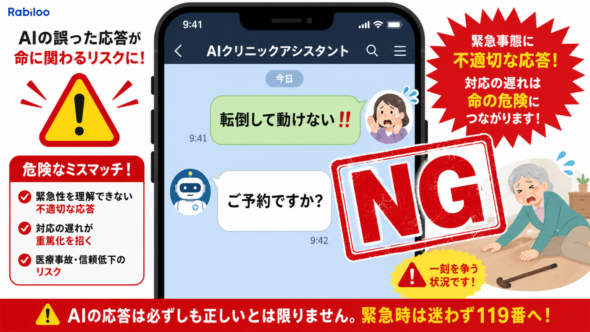 整骨院のAIチャットボット導入における最大のリスクである、緊急時の文脈読み間違いと的外れな自動返信のNG例